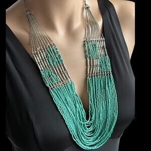 Turquoise Glass Silver Tone Seed Bead Bib Multi Strand Necklace Boho